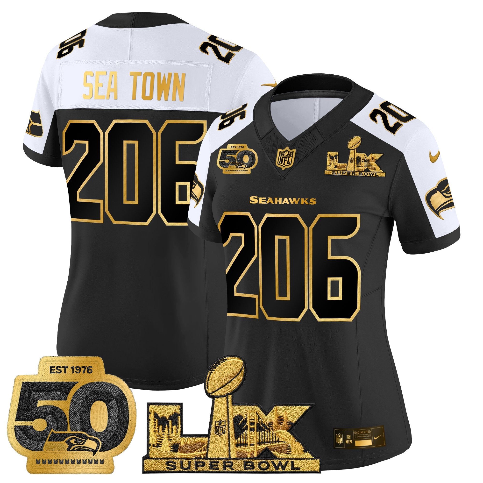 Women's Seattle Seahawks "Super Bowl LX & 50th Patch" Gold Vapor Limited Jersey - All Stitched