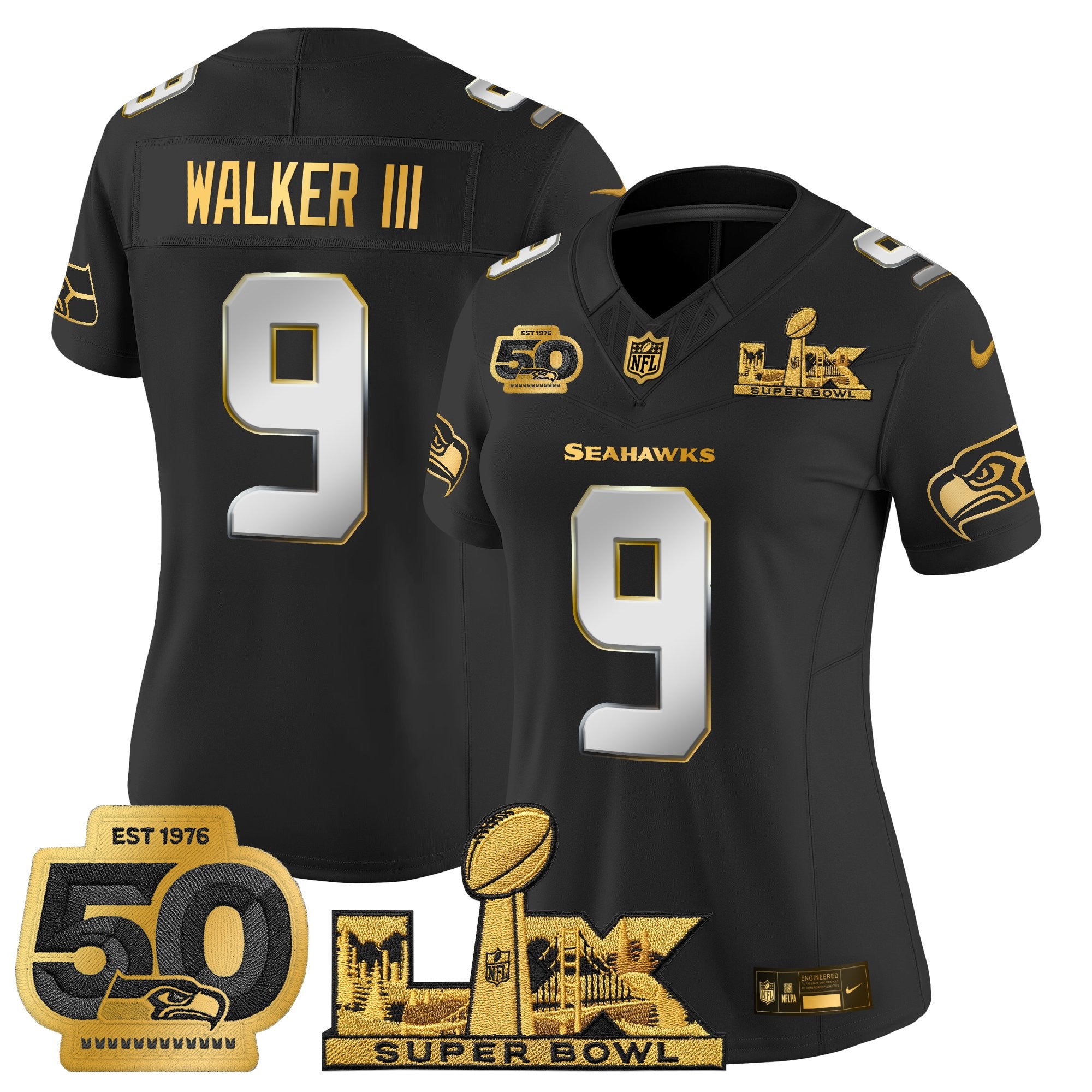 Women's Seattle Seahawks "Super Bowl LX & 50th Patch" Gold Vapor Limited Jersey - All Stitched
