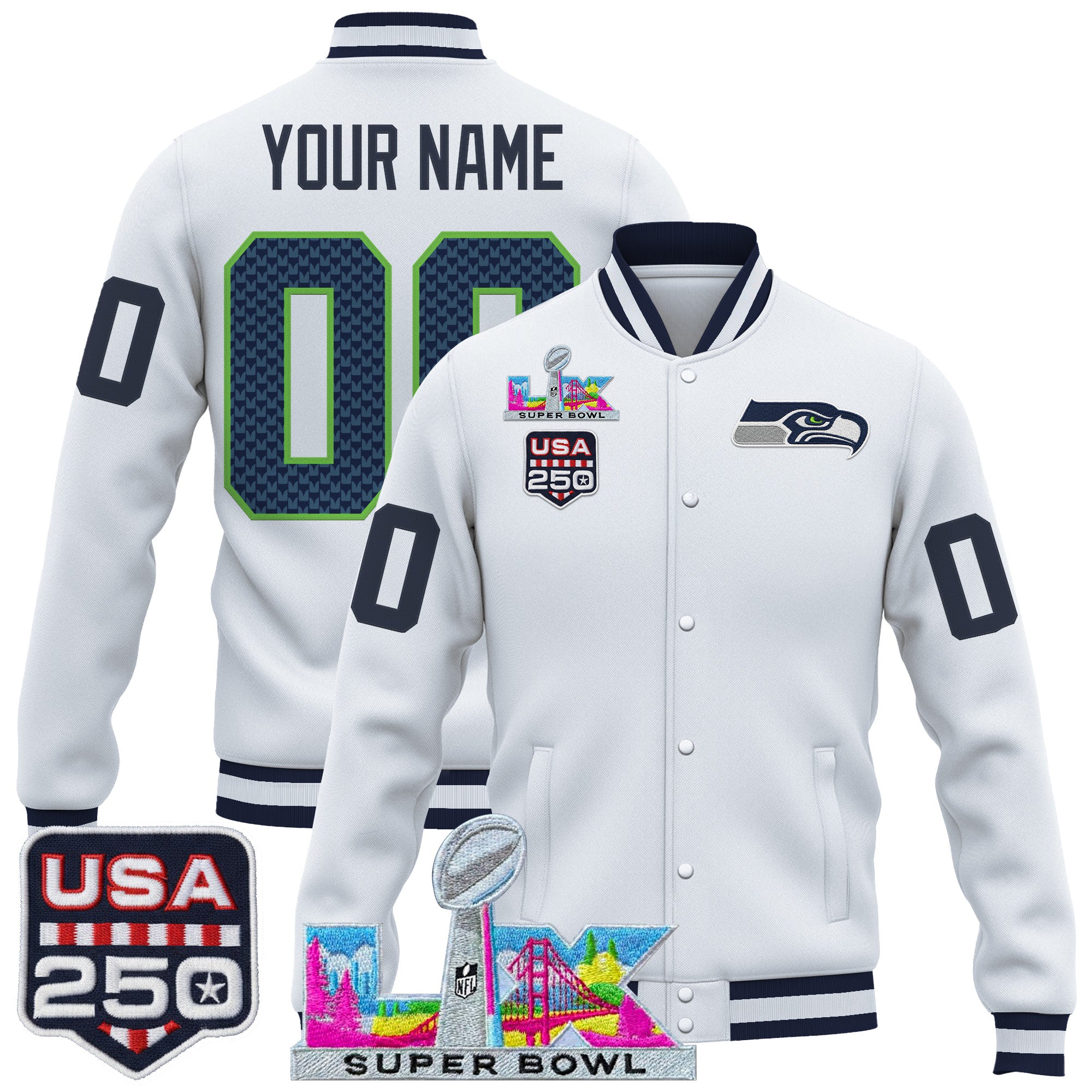 Seattle Seahawks "Super Bowl LX & United States 250th Anniversary Patch" Custom Jacket- All Stitched