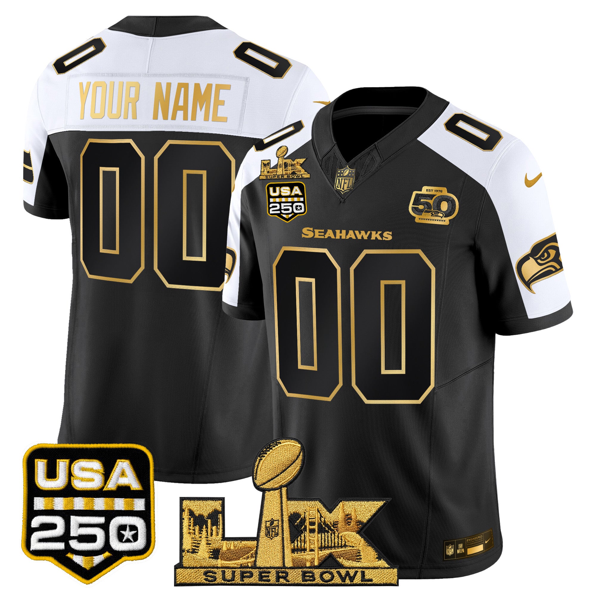 Seattle Seahawks "Super Bowl LX & United States 250th Anniversary Patch" Gold Vapor Limited Custom Jersey - All Stitched