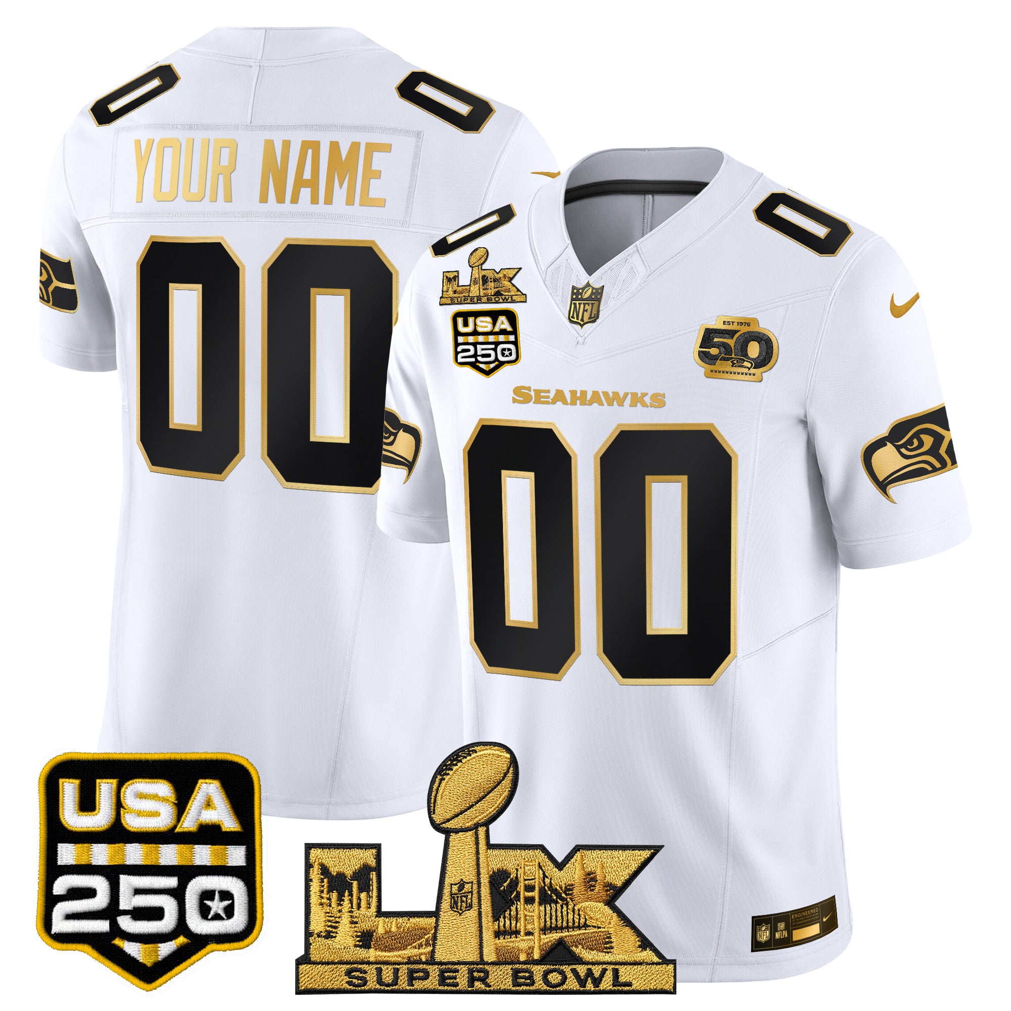 Seattle Seahawks "Super Bowl LX & United States 250th Anniversary Patch" Gold Vapor Limited Custom Jersey - All Stitched