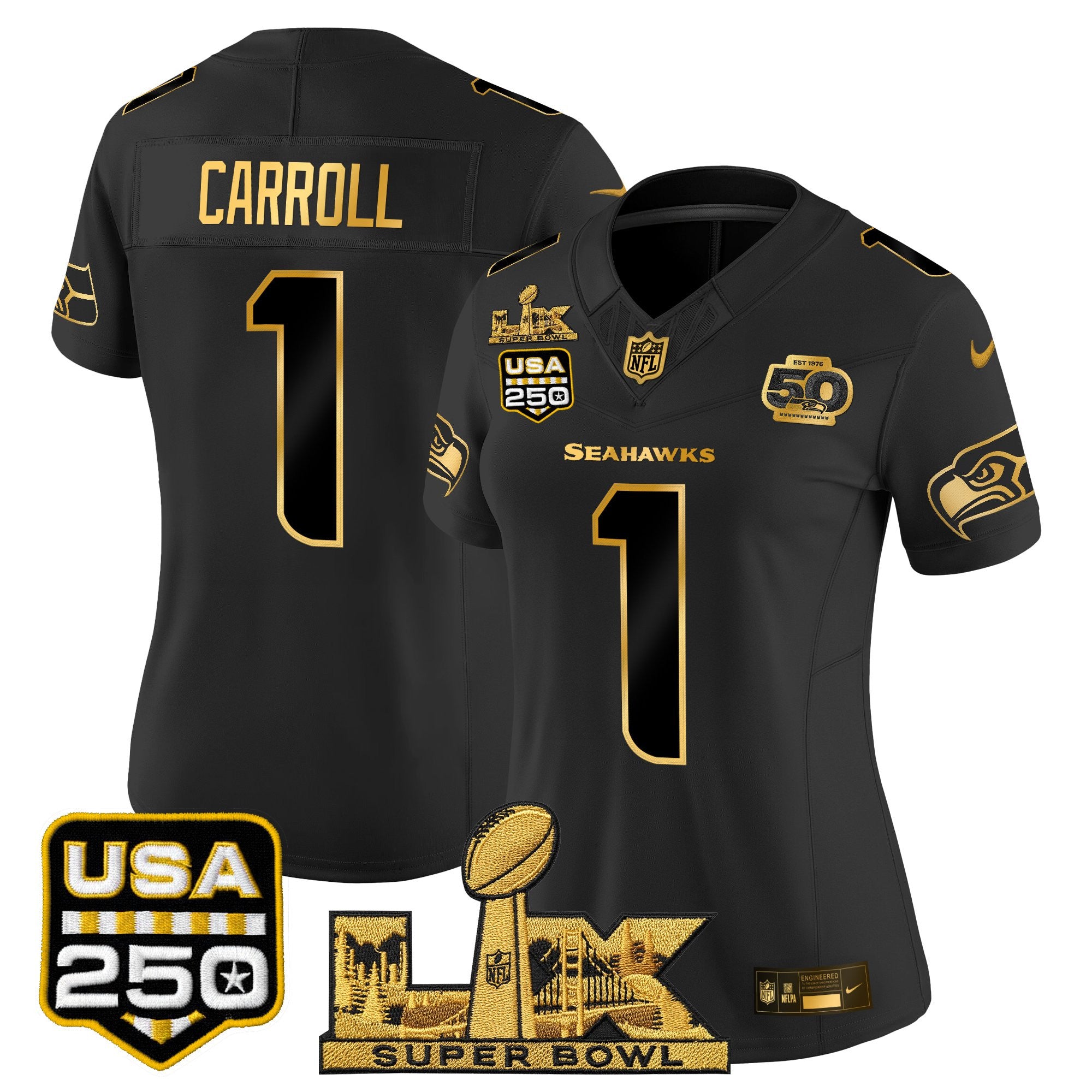 Women's Seattle Seahawks "Super Bowl LX & United States 250th Anniversary Patch" Gold Vapor Limited Jersey - All Stitched
