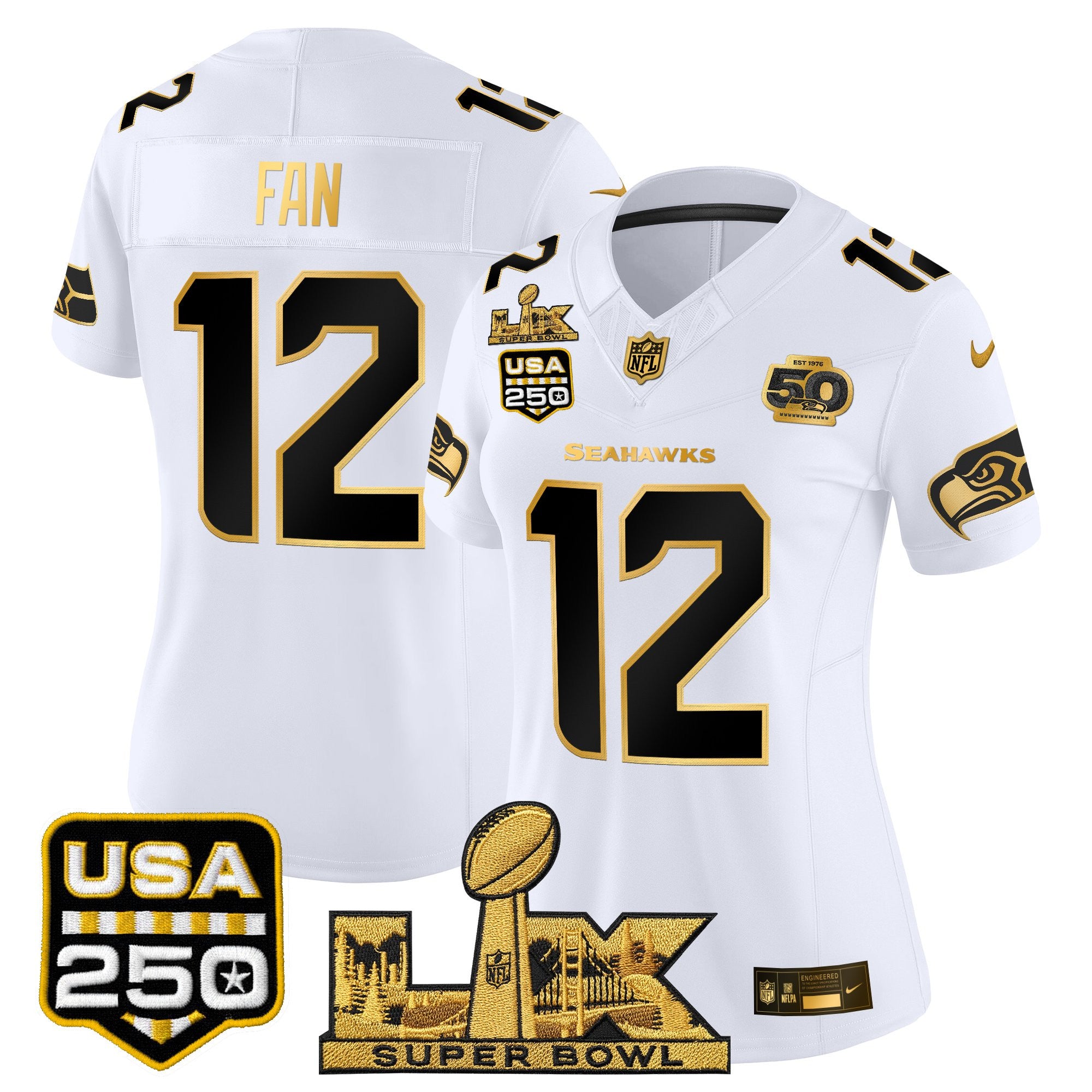 Women's Seattle Seahawks "Super Bowl LX & United States 250th Anniversary Patch" Gold Vapor Limited Jersey - All Stitched