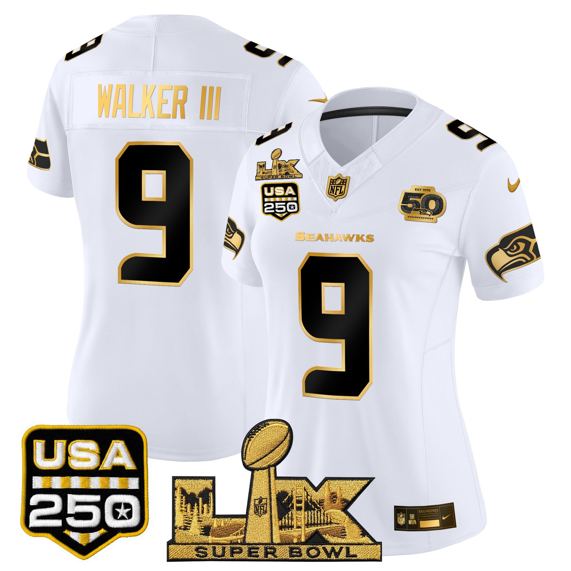 Women's Seattle Seahawks "Super Bowl LX & United States 250th Anniversary Patch" Gold Vapor Limited Jersey - All Stitched