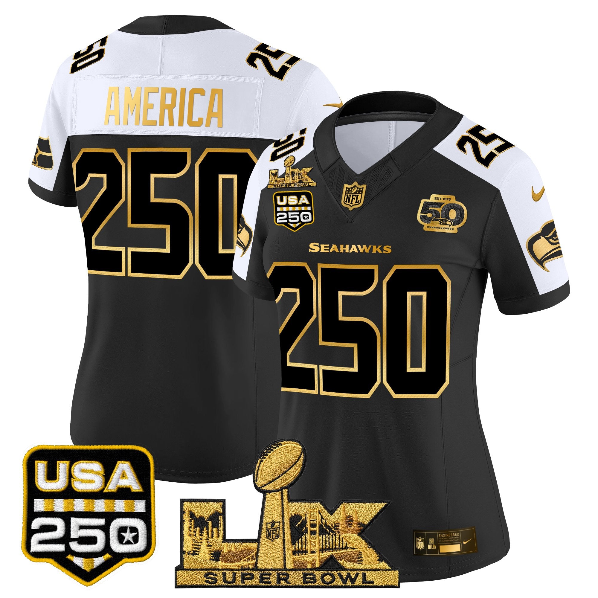 Women's Seattle Seahawks "Super Bowl LX & United States 250th Anniversary Patch" Gold Vapor Limited Jersey - All Stitched