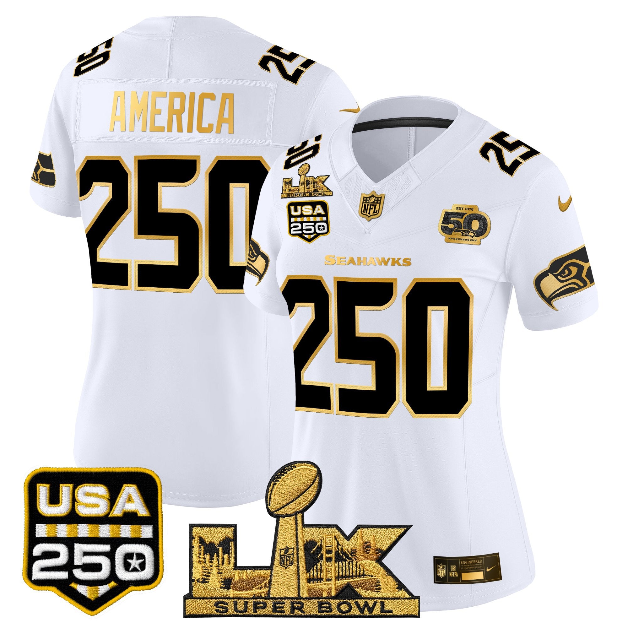 Women's Seattle Seahawks "Super Bowl LX & United States 250th Anniversary Patch" Gold Vapor Limited Jersey - All Stitched