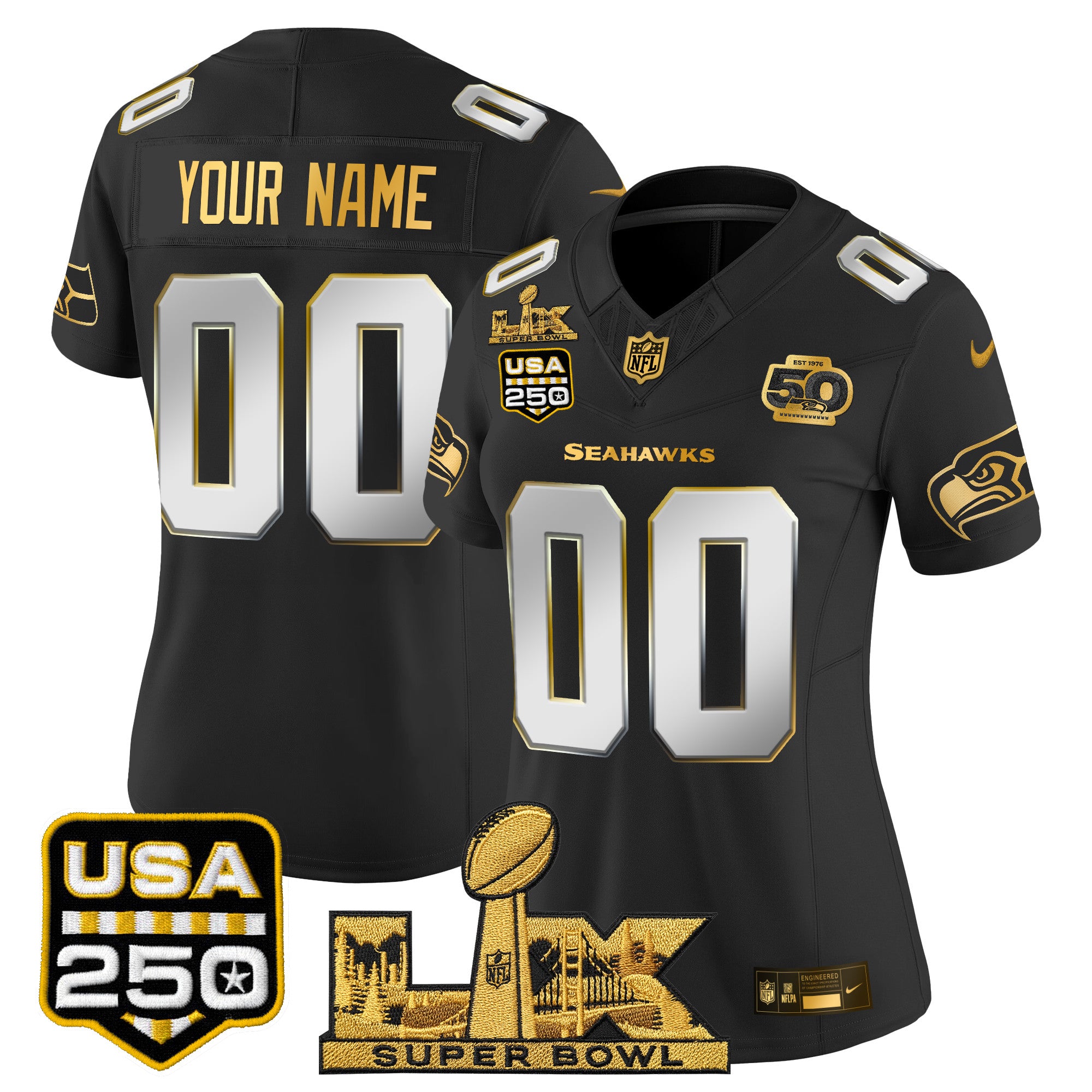 Seattle Seahawks "Super Bowl LX & United States 250th Anniversary Patch" Gold Vapor Limited Custom Jersey - All Stitched