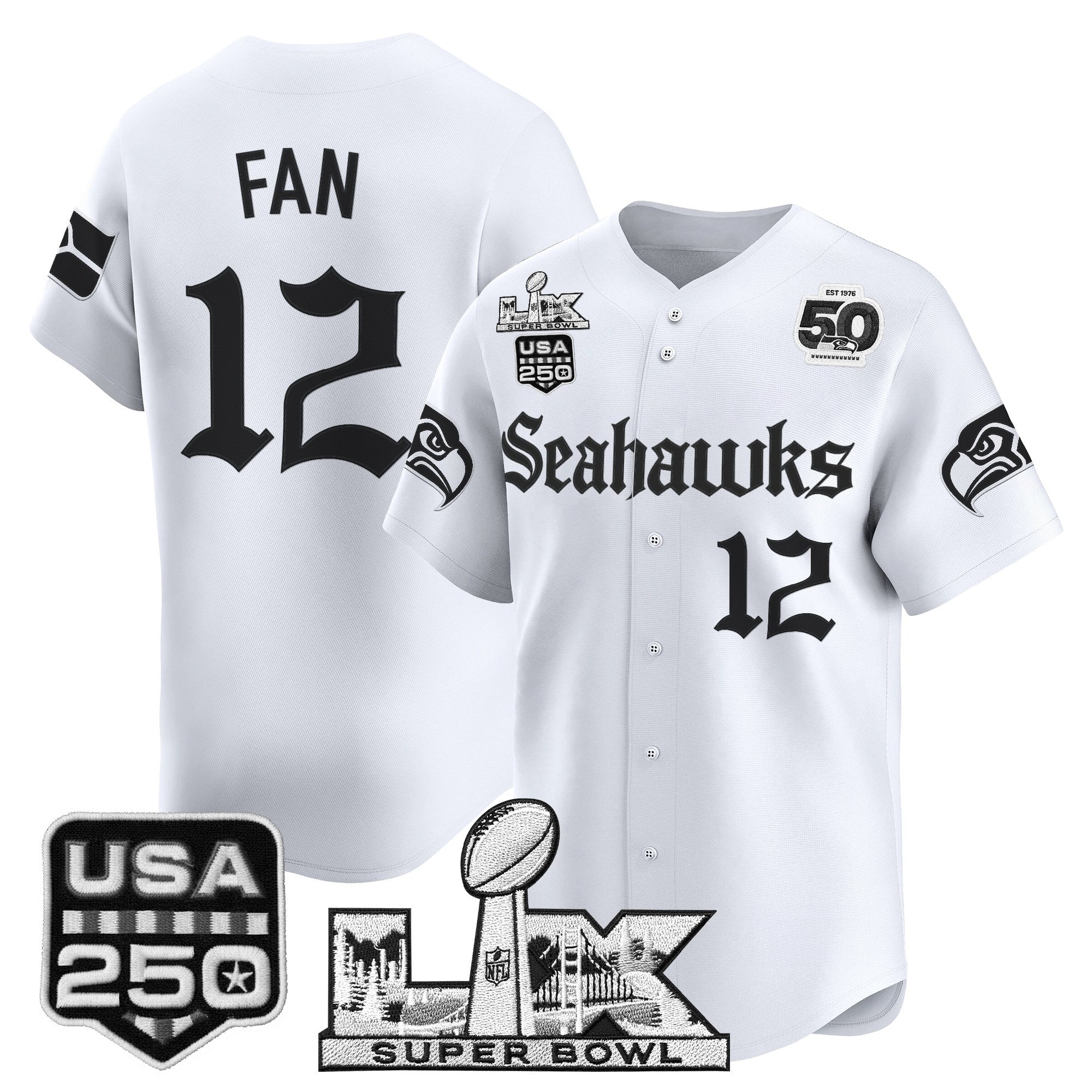 Men's Seattle Seahawks “Super Bowl LX & 50th Patch” Vapor Baseball Jersey - Gothic Edition - All Stitched
