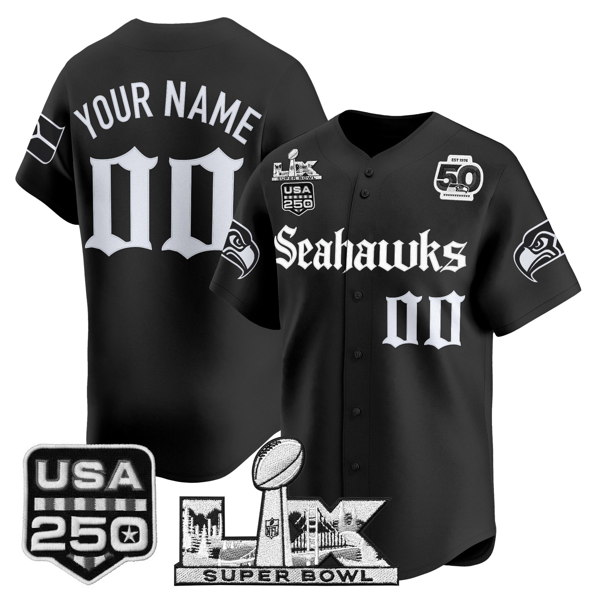 Seattle Seahawks “Super Bowl LX & 50th Patch” Vapor Baseball Custom Jersey - Gothic Edition - All Stitched